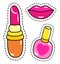 Makeup stickers, labels or print, with dotted frame cut out, pink lipstick, shiny lips, nail polish