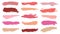 Makeup strokes. swatches of crushed texture pink lipstick and beautiful fashion cosmetics smear paint for face vector