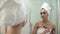 Makeup. Woman Applying Powder On Face Skin At Bathroom