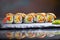 Maki Futomaki Sushi Rolls with eel, egg, unagi sauce. Sushi menu. Japanese food.