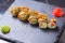 Maki Futomaki Sushi Rolls with eel, egg, unagi sauce. Sushi menu. Japanese food.