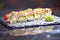 Maki Futomaki Sushi Rolls with eel, egg, unagi sauce. Sushi menu. Japanese food.