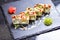 Maki Futomaki Sushi Rolls with eel, egg, unagi sauce. Sushi menu. Japanese food.