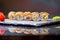 Maki Futomaki Sushi Rolls with eel, egg, unagi sauce. Sushi menu. Japanese food.
