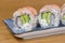 Maki roll with raw shrimps, avocado and cream chees