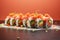 Maki rolls in row with salmon, avocado, tuna, cucumber. Japanese food with sushi roll. Generative AI