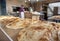 Making of Anatolian bread. Breads and pastries on the shelf for sale.