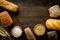 Making bread concept. Loaves near flour, wheat, ears top view copy space