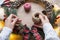 Making a Christmas wreath with your own hands. Holiday preparation, home decoration, New Year