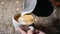 Making coffee. Barista prepares coffee. Preparation of latte. Barista pouring hot milk into a mug of espresso. latte art