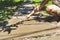 Making concrete slab walkway set on green grass