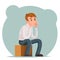 Making decision pensive businessman sits on box think character icon cartoon design template vector illustration