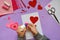 Making of handmade Valentine greeting card from felt. Children`s DIY, hobby concept, gift with your own hands. Valentine`s Day