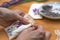 Making lavender aromatherapy sachet with floral embroidery at home. Zero waste DIY gift. Photo with selective focus