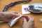 Making lavender aromatherapy sachet with floral embroidery at home. Zero waste DIY gift. Photo with selective focus