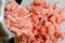 Making minced meat with a meat grinder and red raw mince on a white plate, top view