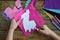 Making pink lama. Sewing toys from felt with your own hands. DIY concept for children. Handmade crafts. Step 1. Circle the stencil