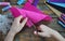 Making pink lama. Sewing toys from felt with your own hands. DIY concept for children. Handmade crafts. Step 2. Cut all details of