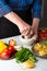 Making sauce for pasta, fresh ingredients on white table