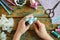 Making textile mouse. Sewing toys with your own hands. DIY concept for children. Handmade crafts.