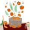 Making vegetarian soup vector concept. Pot with bulbing delicious veg food on a fire and all ingredients around it -