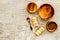 Making wooden dishes. Empty bowls on grey background top view copy space