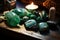 malachite stones on the table