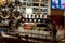Malaga, Spain 04.04.2019: La Fabrica brewery bar soho Malaga with cruzcampo beer taps and tanks
