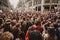 MALAGA, SPAIN - MARCH 8, 2018: Thousands of women take part in the Feminist Strike on the Women Day in the city center of Malaga.