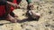 Malagasy fisher cleaning freshly caught pufferfish on the beach, detail as sun shine over his bare feet and hand holding knife