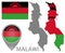 Malawi flag, map pointer, maps
