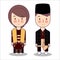 Malaysia bride and groom cartoon wedding. traditional national clothes. Set of cartoon characters in traditional costume