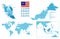 Malaysia detailed administrative blue map with country flag and location on the world map.