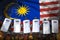 Malaysia protest stopping concept, police guards protecting state against demonstration - military 3D Illustration on flag