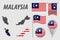 MALAYSIA. Set of national infographics elements with various flags, detailed maps, pointer, button and different shapes badges.