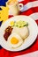 Malaysian Breakfast - Nasi Lemak and Teh Tarik on Malaysia Flag.