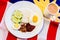 Malaysian Breakfast - Nasi Lemak and Teh Tarik on Malaysia Flag.