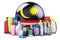 Malaysian flag with cosmetic bottles, Hair, facial skin and body care products. 3D rendering