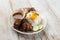 Malaysian fried chicken rice with anchovies and egg