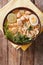 Malaysian laksa soup with chicken, egg, noodles and herbs close