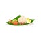 Malaysian nasi lemak on green leaf. Rice with boiled egg, chicken leg sliced cucumber and peanuts. Flat vector design