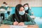 Malaysian students wear face shields and facemasks in classroomfor protect from Covid -19. New normal education