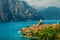 Malcesine tourist resort with castle view from the hill, Italy