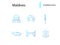 Maldives attributes outline icons set. Crab and turtle. Geography, sea plane. Blue symbol. Isolated vector illustration