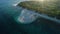 Maldives beach coastline with sunrise sunshine. Aerial view of Fuvahmulah island