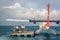 Maldives, Feb 10th 2018 - A seaplane waiting for tourists in a offshore wood platform near the Hilton Hotel in Maldives. Blue wate