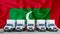 Maldives flag in the background. Five new white trucks are parked in the parking lot. Truck, transport, freight transport. Freight