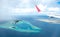 Maldives island atoll, vacation paradise sea, aerial view