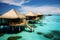 Maldives islands luxury water villas resort, wooden pier, from above