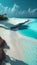 Maldives paradise scenery. Tropical aerial landscape, seascape with long jetty, water villas with amazing sea and lagoon